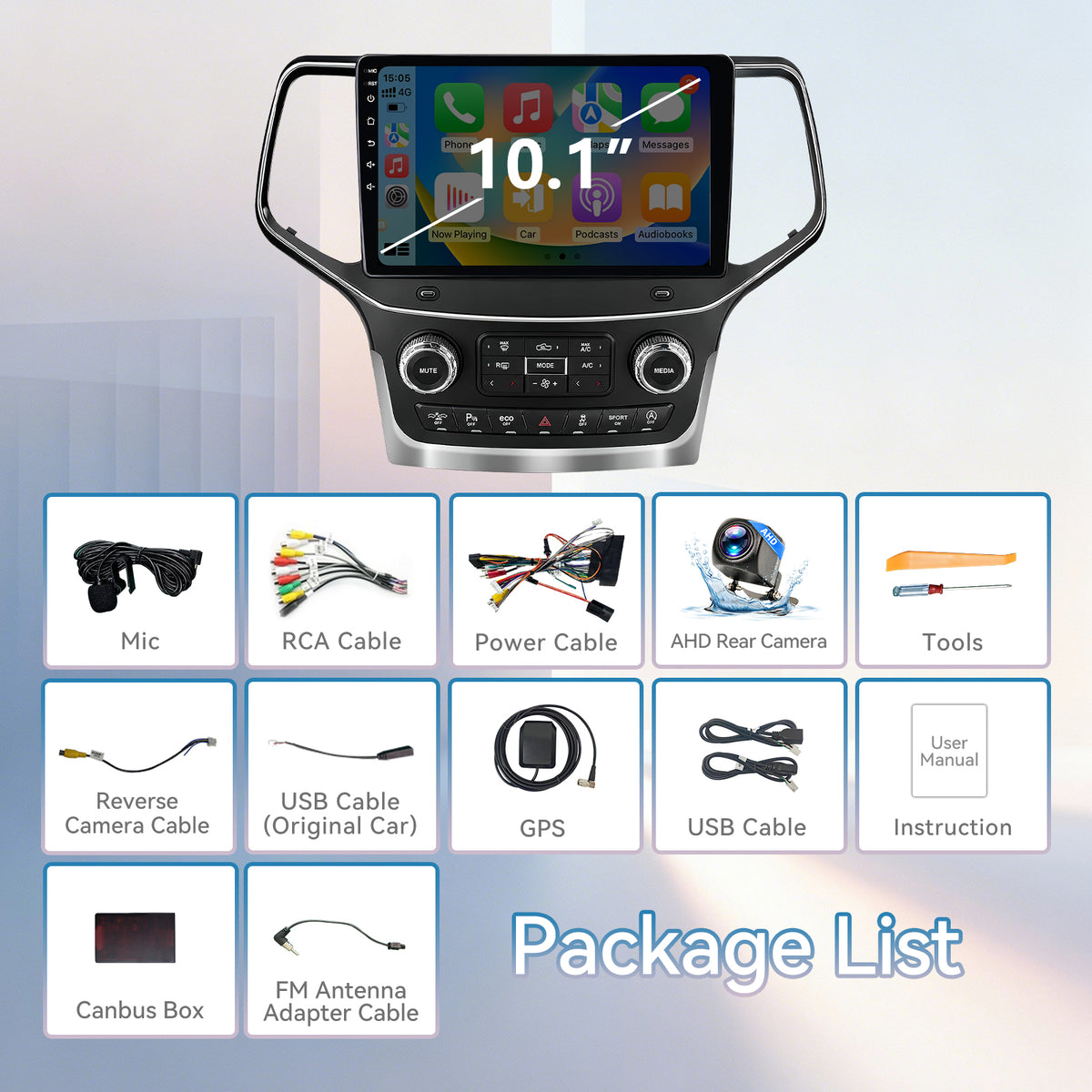 Car Radio for Jeep Grand Cherokee 2014-2021 Wireless CarPlay & Android Auto, 2GB+64GB, Bluetooth, AM/FM, SWC, Backup Camera & Touchscreen