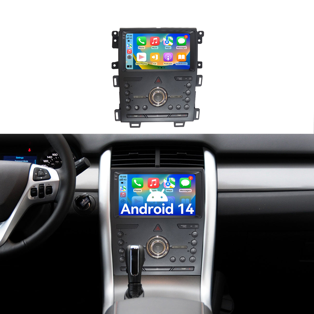 Android 14 car stereo compatible with the 2010, 2011, 2012, 2013 and 2014 Ford Edge, wireless, Android Auto, 9-inch touchscreen, Bluetooth radio, GPS navigation, FM radio