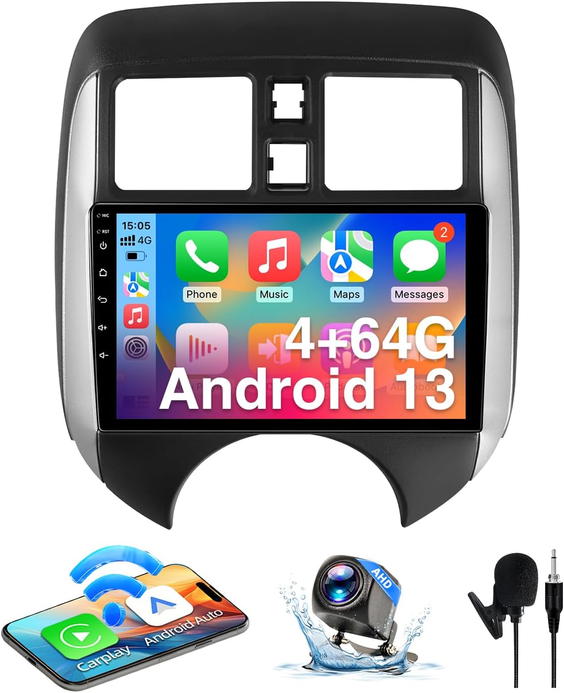 Car Stereo for Nissan Versa Note 2014-2018 Supports Wireless CarPlay/Android Auto Touchscreen, GPS/Bluetooth/FM/AUX/SWC/Backup Camera