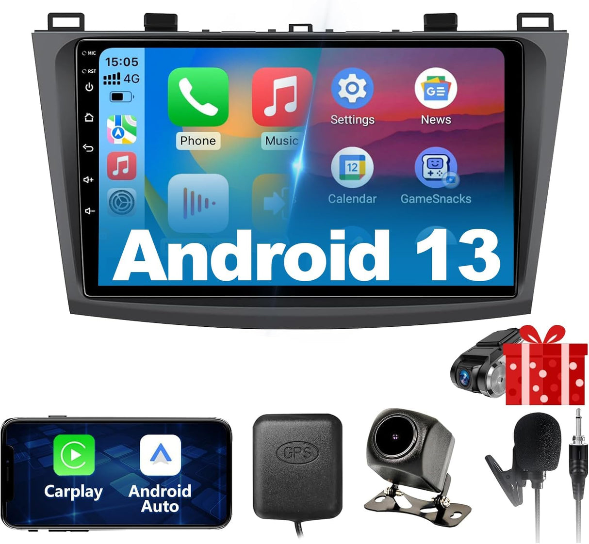 Android 13 Car Stereo for 2010-2013 Mazda 3 Supports Wireless CarPlay & Android Auto