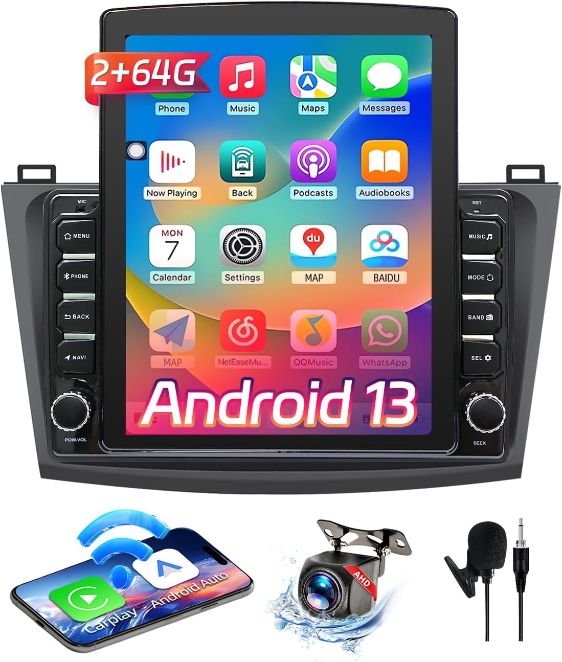Android 13 Car Stereo for Mazda 3 2010-2013, 9.7 Inch Touch Screen with Wireless CarPlay & Android Auto, 2+64G, GPS, WiFi, BT, FM/RDS, 1080P Backup Camera, Mirror Link (with canbus)