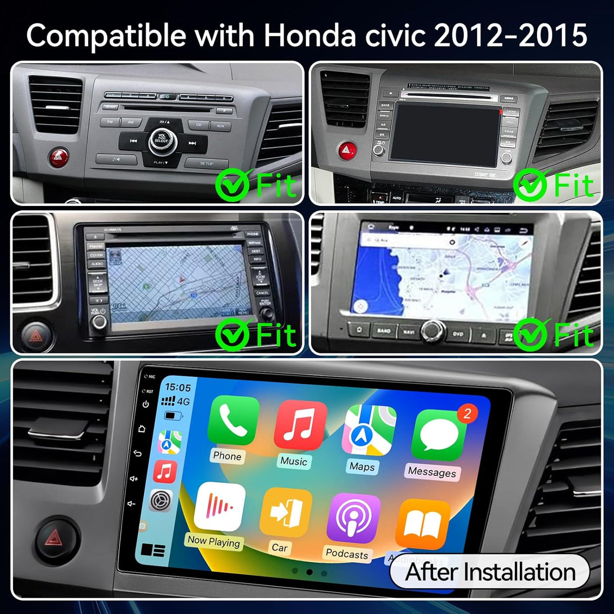 Android 13 Car Radio Compatible with Honda Civic 2012 2013 2014 2015, 9 Inch Car Radio Head Unit Touch Screen, Wireless CarPlay, Android Auto, WiFi, Backup Camera 