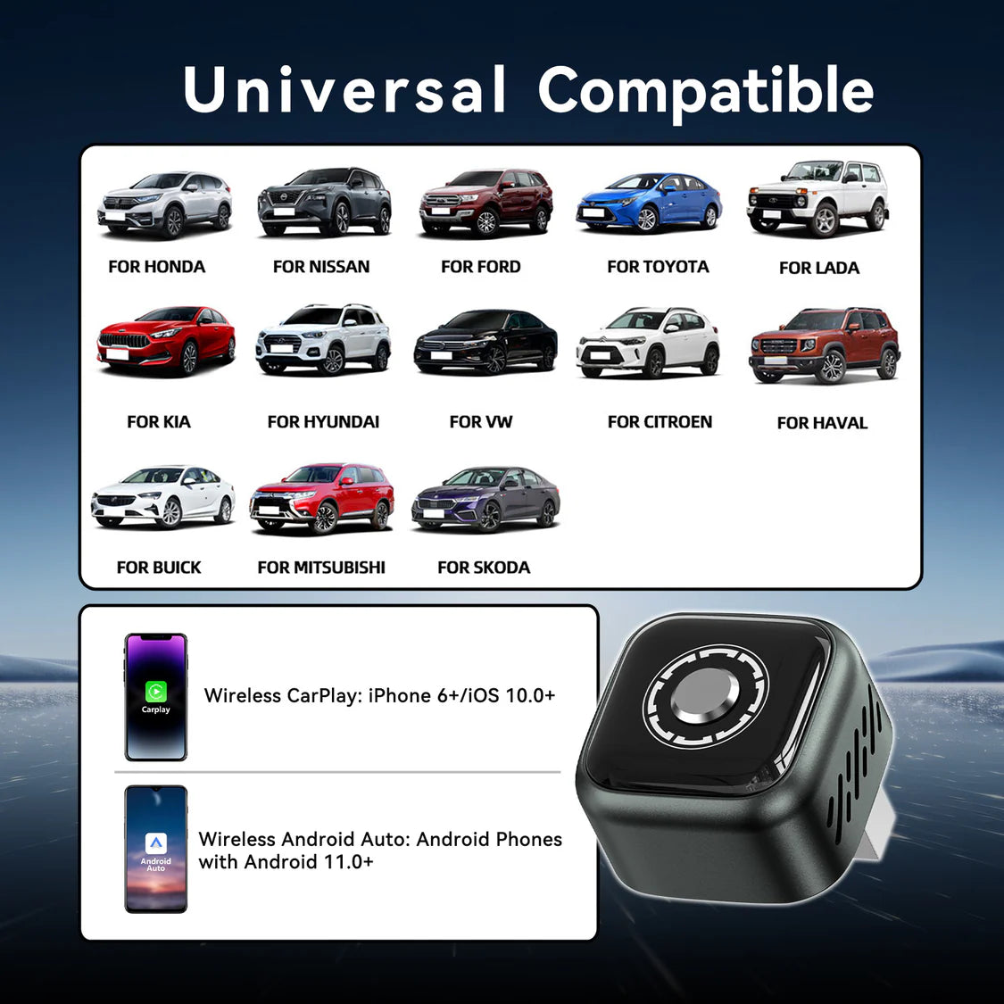 Teeran 2 in 1 Wireless CarPlay and Android Auto Adapter, Easy Setup Plug and Play, Fast Seamless Use Supports lots of Cars with Built-in Wired Car Play/Android Auto Compact Sleek Design Car Adapter