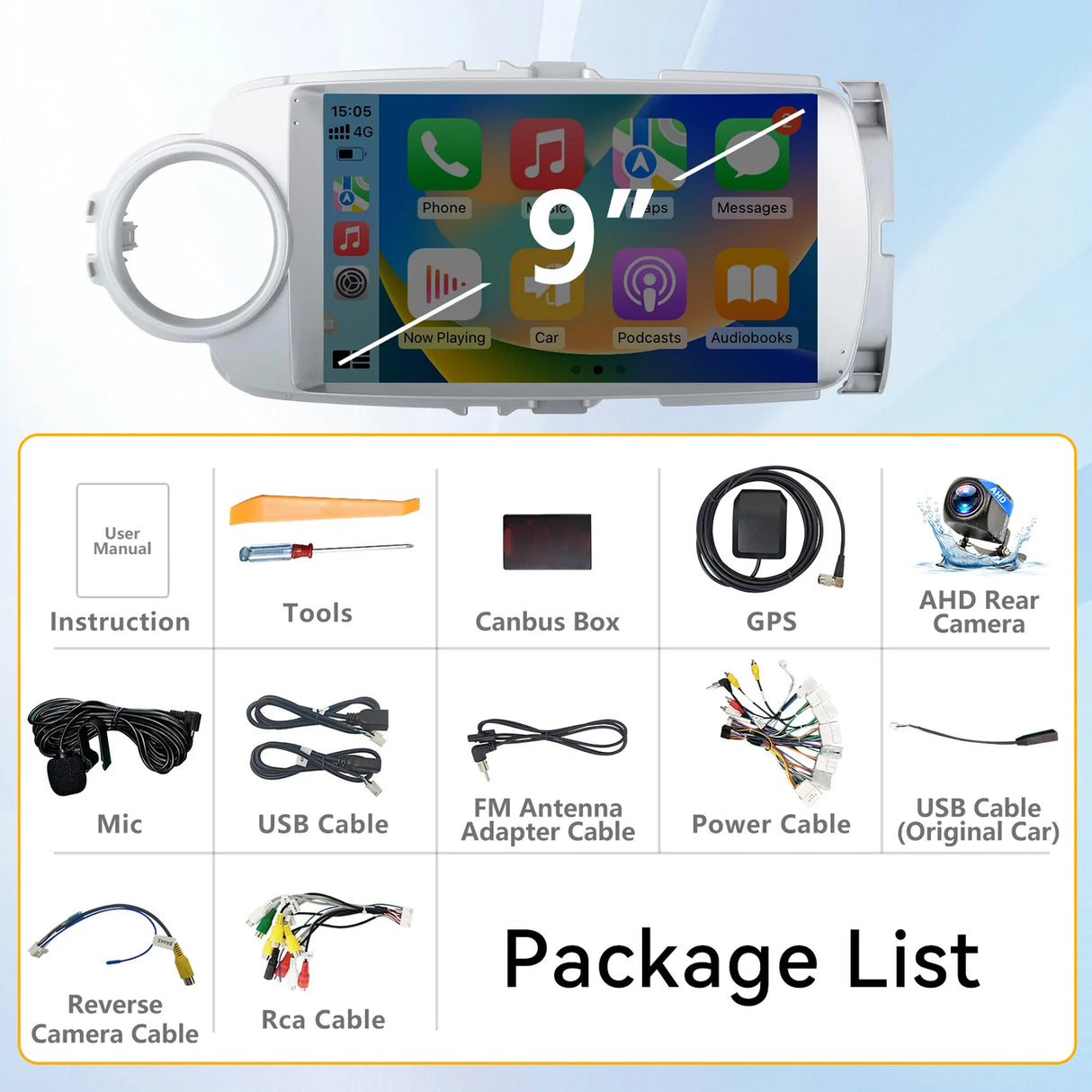 Android Car Stereo for Toyota Yaris 2012-2017 with Wireless CarPlay, Android Auto, Mirror LinkAHD Backup Camera GPS SWC FM WiFi Bluetooth