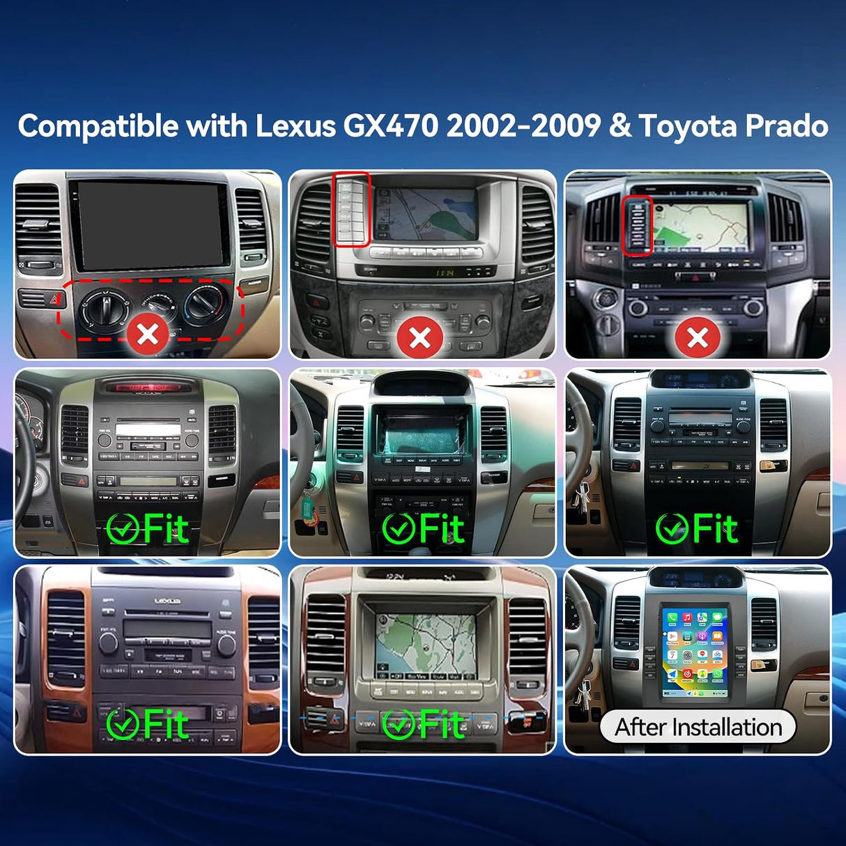 Car Stereo for Lexus GX470 2002-2005 Toyota Prado 2002-2009 Wireless CarPlay Android Auto Android 14 Auto AHD Backup Camera Upgrade 9.7" Touch screen GPS WIFI SWC FM Bluetooth 2+64G