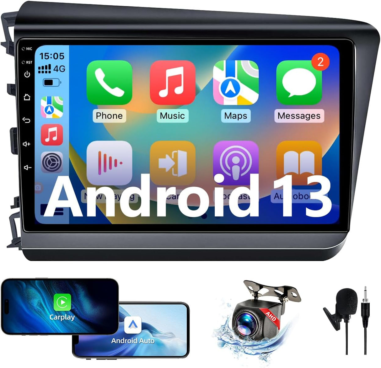 Android 13 Car Radio Compatible with Honda Civic 2012 2013 2014 2015, 9 Inch Car Radio Head Unit Touch Screen, Wireless CarPlay, Android Auto, WiFi, Backup Camera 