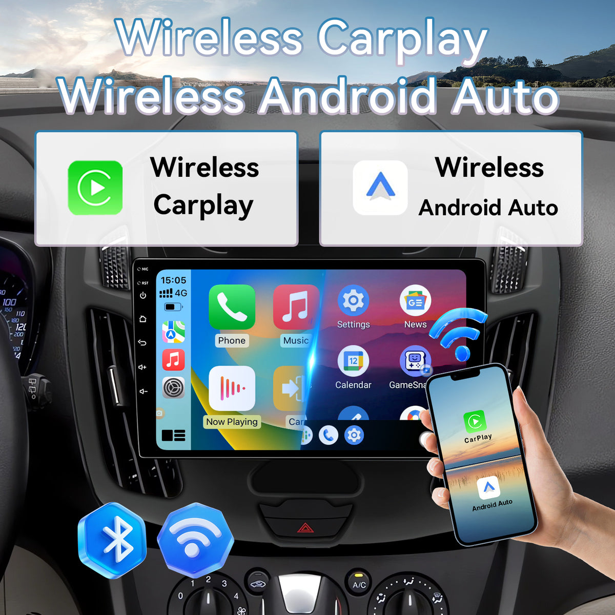 Car Radio Compatible with Ford Transit Connect 2014-2018, Wireless CarPlay Android Auto, 9 Inch Car Head Unit with GPS WiFi Bluetooth SWC Backup Camera (2G+64G)