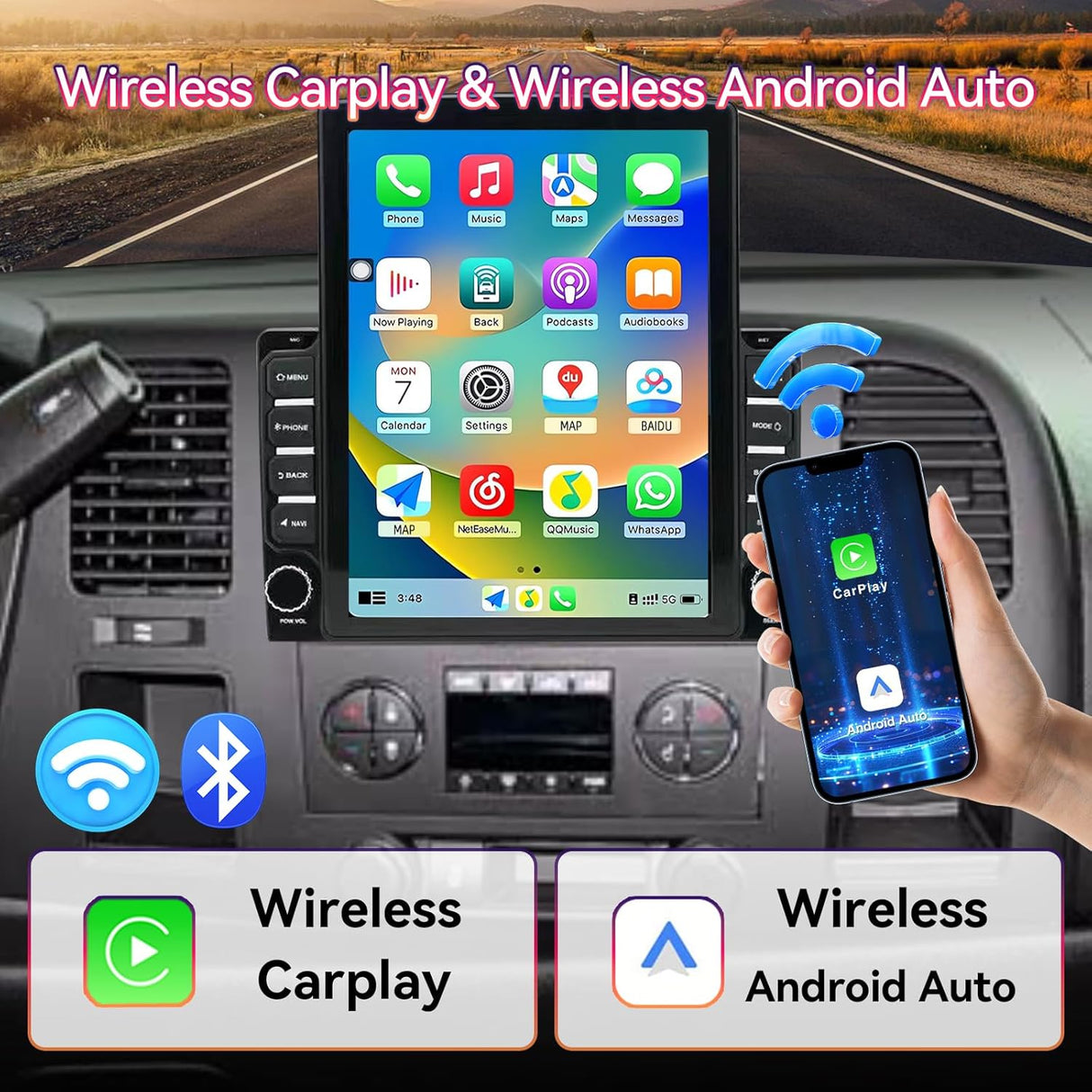 Android 13 Car Stereo for Chevy Silverado 2007-2013/GMC Sierra Yukon/Tahoe/Equinox Supports Wireless CarPlay & Android Auto