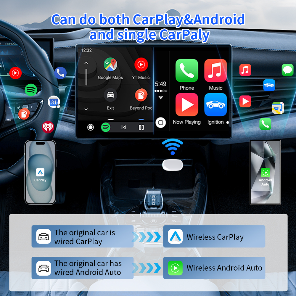 USB Type Wireless CarPlay/Android Auto Adapter for Vehicle with Factory Wired CarPlay/Android Auto
