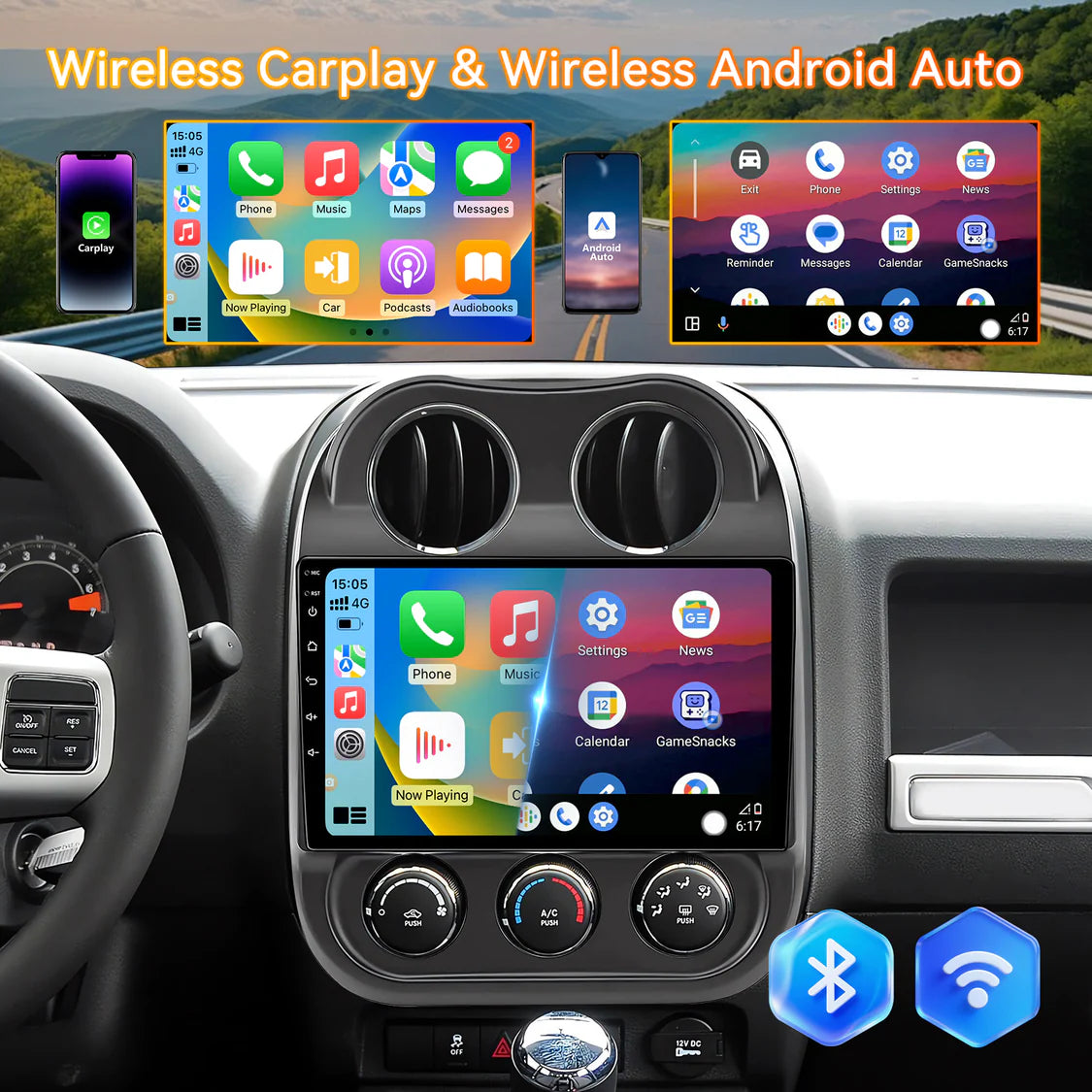 Car Stereo for Jeep Compass Patriot 2009-2016, 10" Touchscreen, Android 14 Head Unit, 6GB+64GB, Wireless CarPlay & Android Auto, Built-in Gyroscope, Bluetooth/WiFi/SWC