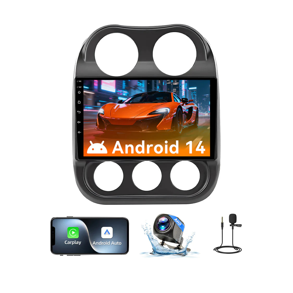 Car Stereo for Jeep Compass Patriot 2009-2016, 10" Touchscreen, Android 14 Head Unit, 6GB+64GB, Wireless CarPlay & Android Auto, Built-in Gyroscope, Bluetooth/WiFi/SWC