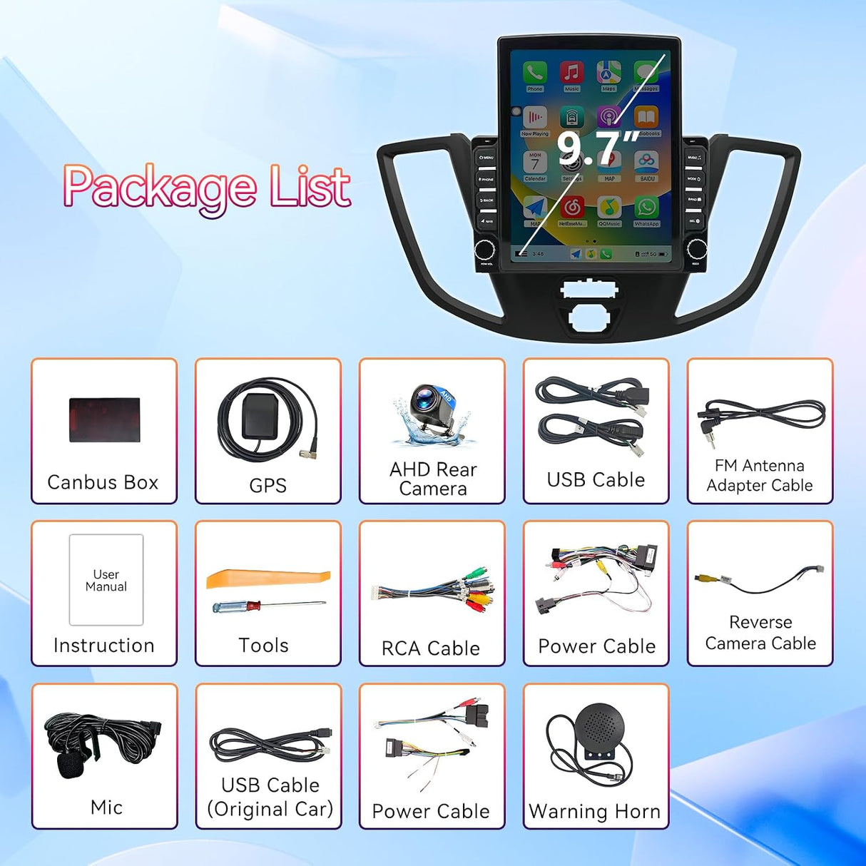 Car Stereo Radio Upgrade Compatible with Ford Transit 150 250 350 2015-2018, Touch Screen with Wireless CarPlay & Android Auto, GPS Navigation, FM, SWC, Backup Camera, Mic