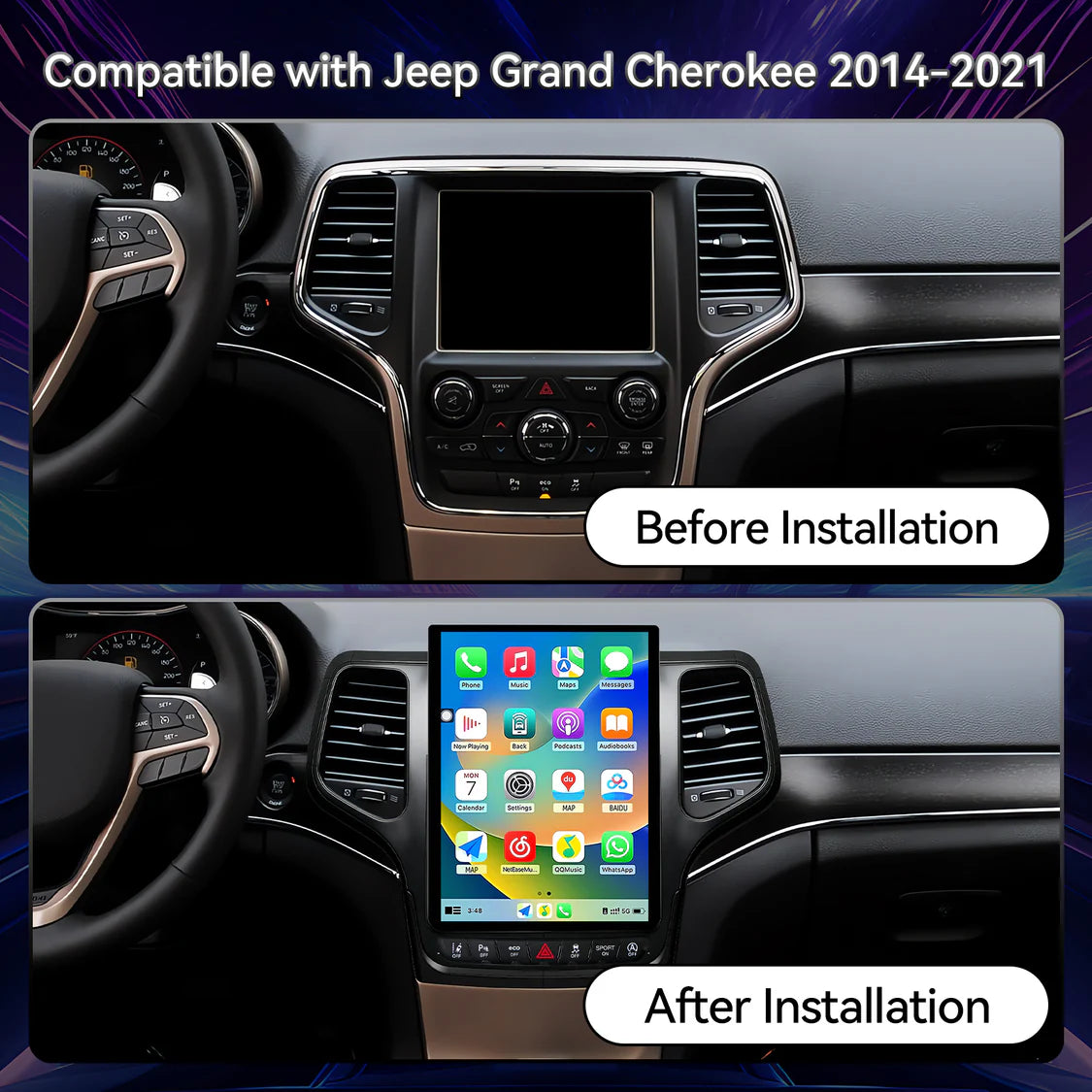 Car Radio for Grand Cherokee 2014-2021 8Core Head Unit 4GB+64GB with CarPlay/Android Auto Touch Screen with 1080P Backup Camera Stereo Upgrade with FM/AM, GPS, Bluetooth WiFi