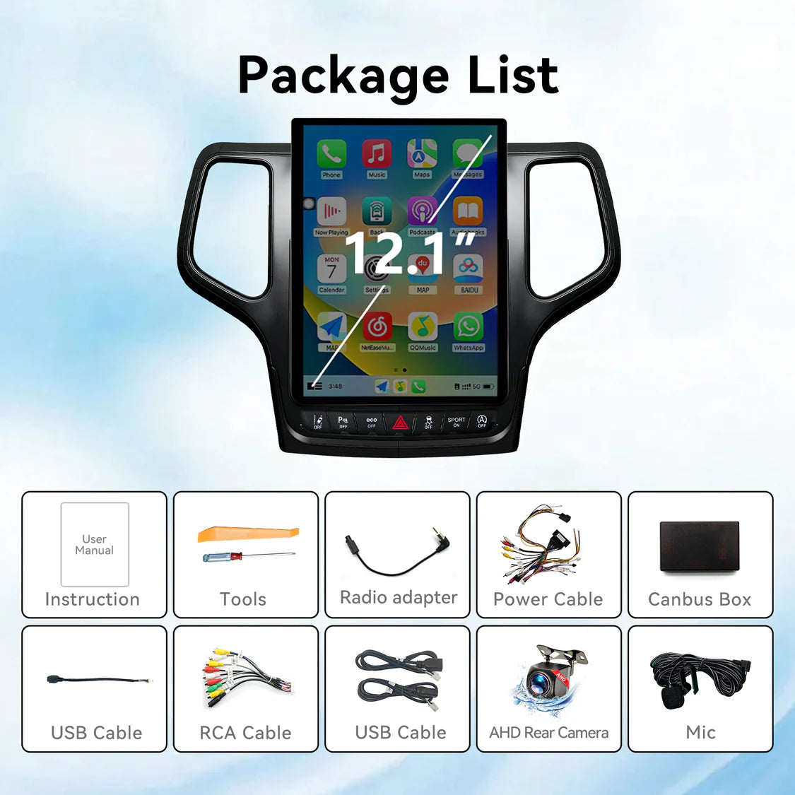 Car Radio for Grand Cherokee 2014-2021 8Core Head Unit 4GB+64GB with CarPlay/Android Auto Touch Screen with 1080P Backup Camera Stereo Upgrade with FM/AM, GPS, Bluetooth WiFi