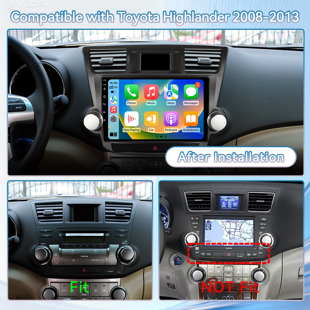 Car Radio for Toyota Highlander 2008-2013,10 Inch QLED Touch Screen Car Stereo with Carplay&Android Auto,WiFi,GPS Navigation,Bluetooth5.0,FM&AM Radio