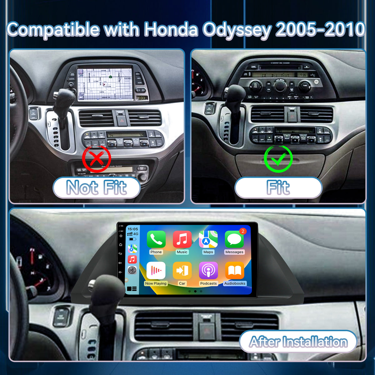 Honda Odyssey 2005 2006 2007 2008 2009 2010 Android 13.0 Car Stereo 2G+64G Wireless Carplay Android Auto, 10." Touchscreen Car Radio WiFi GPS Navi Bluetooth HiFi USB FM/RDS SWC Backup Camera
