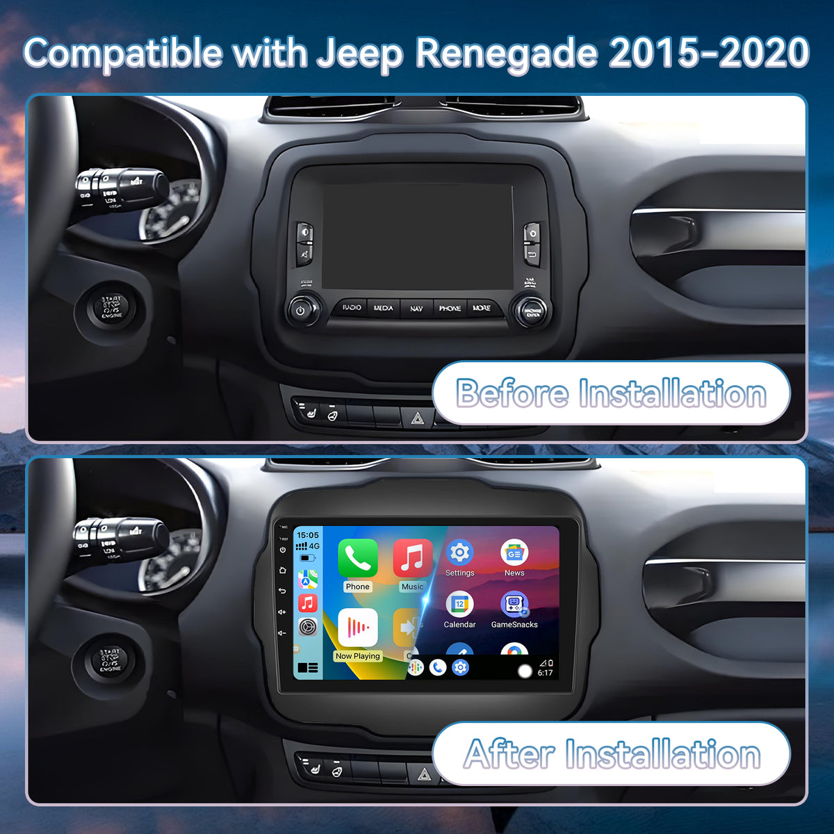 Car Radio for Jeep Renegade 2015 2016 2017 2018 2019 2020 64G 5GWiFi Upgrade Touchscreen Stereo for Jeep Renegade Accessories 9in Carplay Android Auto Headunit GPS Bluetooth FM Camera
