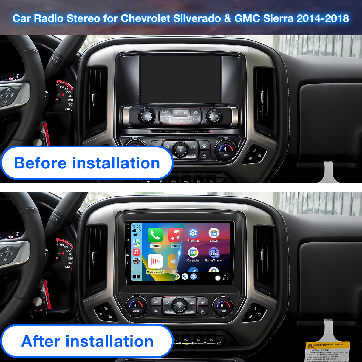 Android 13 2+64G Car Radio Replacement Compatible with Chevy Silverado & GMC Sierra 2014-2018, 10.2" Touch Screen, Wireless CarPlay& Android Auto, WiFi, GPS, Bluetooth, FM, 1080P Backup Camera, SWC