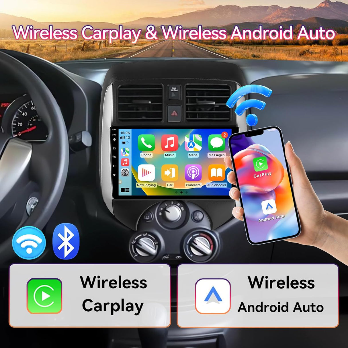 Car Stereo for Nissan Versa Note 2014-2018 Supports Wireless CarPlay/Android Auto Touchscreen, GPS/Bluetooth/FM/AUX/SWC/Backup Camera