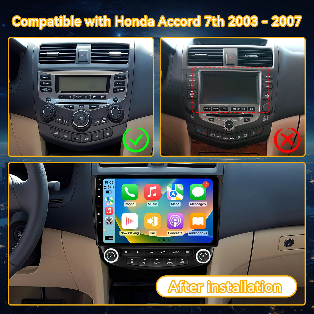 Car Stereo for Honda Accord 7th 2003-2007 Radio Wireless Carplay Android Auto, 10.1inch IPS Touch Screen, DSP, 5G WiFi, GPS, 5.0 Bluetooth, RDS/FM Radio, 32EQ, AHD Backup Camera