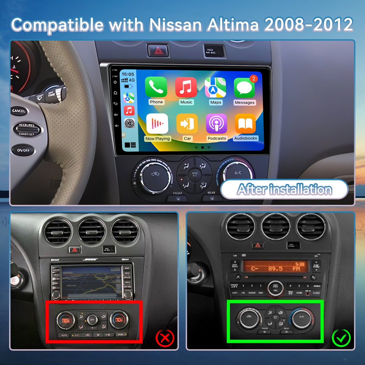 Car Radio for Nissan Altima Teana (Manual AC)2008 2009 2010 2011 2012 IPS HD Touchscreen Screen Double Din Car Stereo with Carplay & Android Auto Support Backup Camera GPS Navi FM WiFi BT