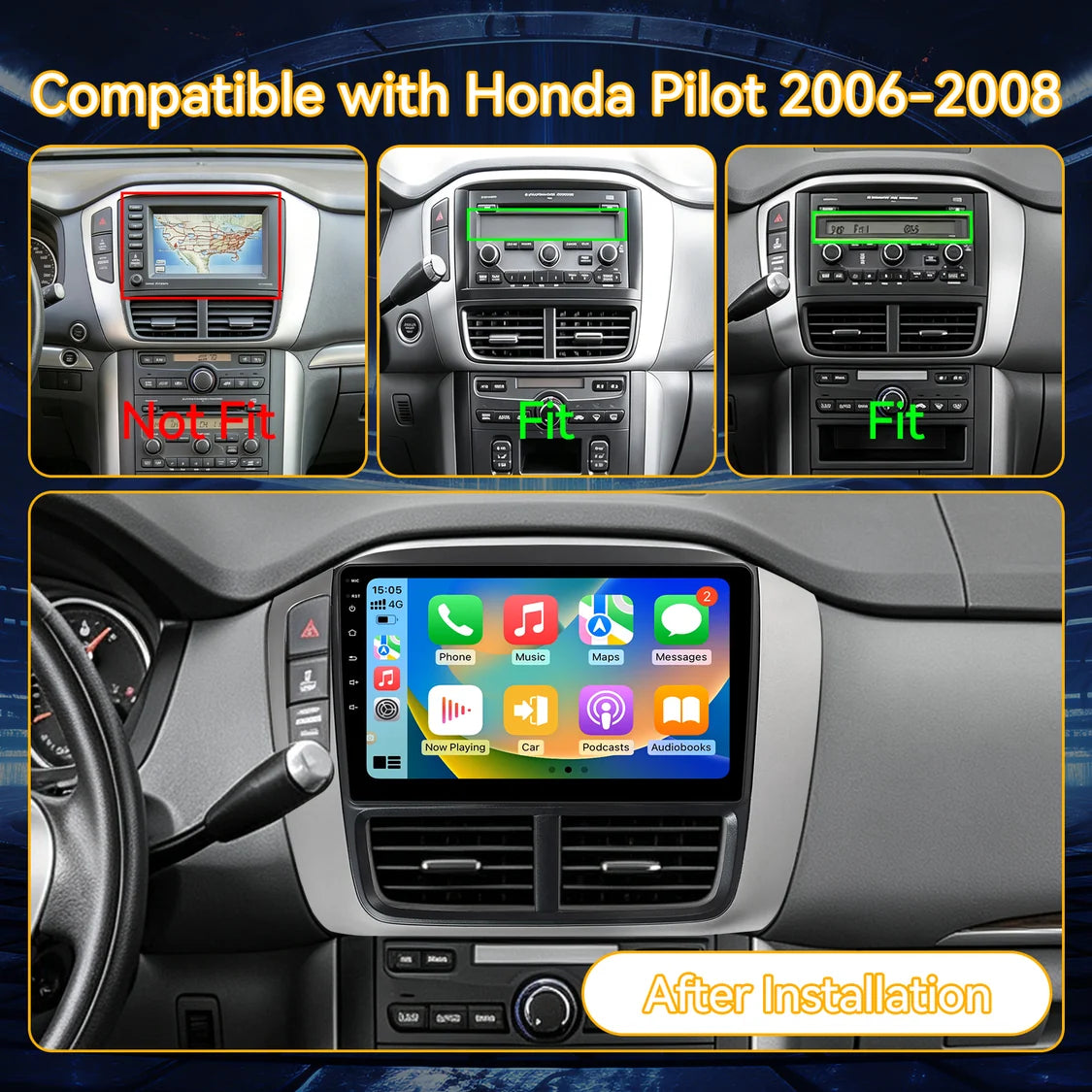 Car Radio Stereo for Honda Pilot 2006 2007 2008, Wireless CarPlay Android Auto, 9 Inch IPS Touch Screen Android 15 GPS WiFi Bluetooth 32-Band DSP SWC AHD Camera