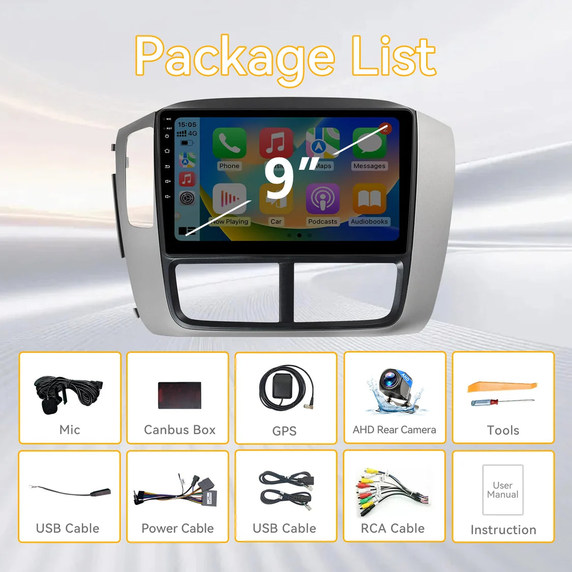 Car Radio Stereo for Honda Pilot 2006 2007 2008, Wireless CarPlay Android Auto, 9 Inch IPS Touch Screen Android 15 GPS WiFi Bluetooth 32-Band DSP SWC AHD Camera