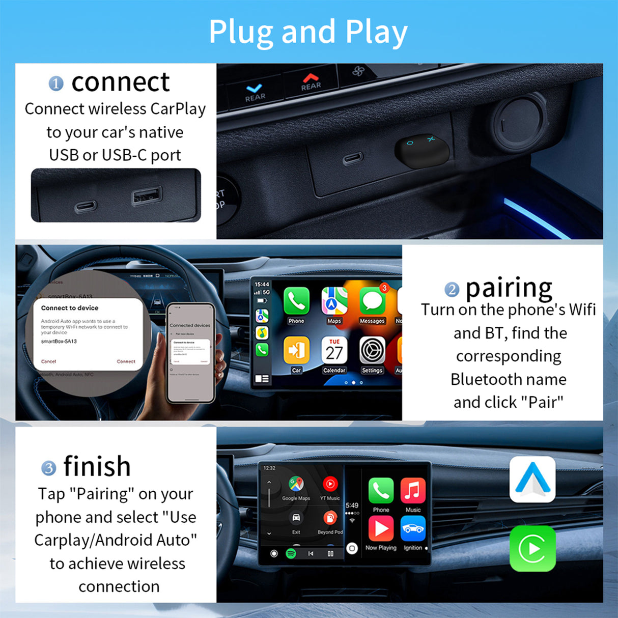 USB Type Wireless CarPlay/Android Auto Adapter for Vehicle with Factory Wired CarPlay/Android Auto