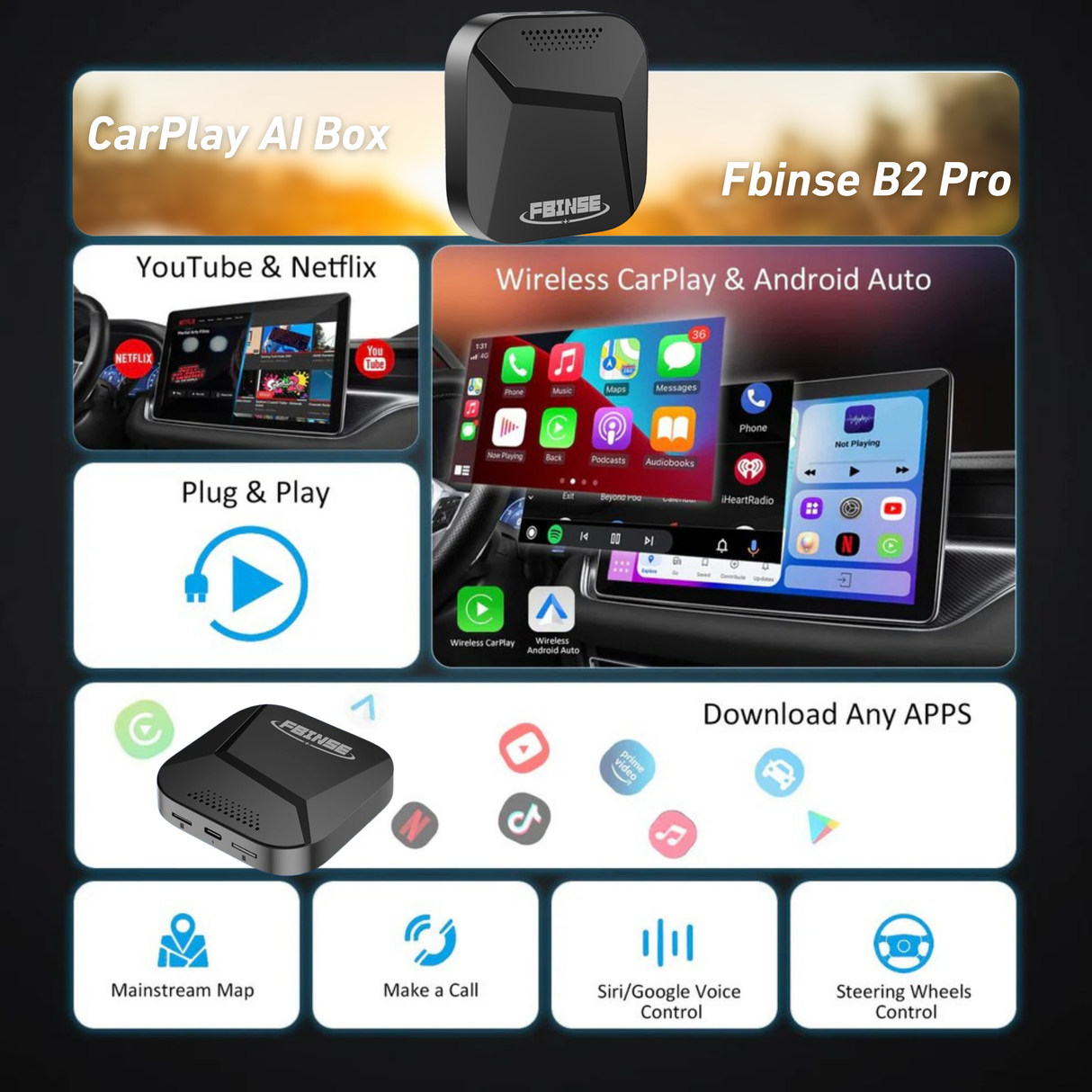FBINSE B2 CarPlay AI Box For Car with Wired CarPlay/Android Auto