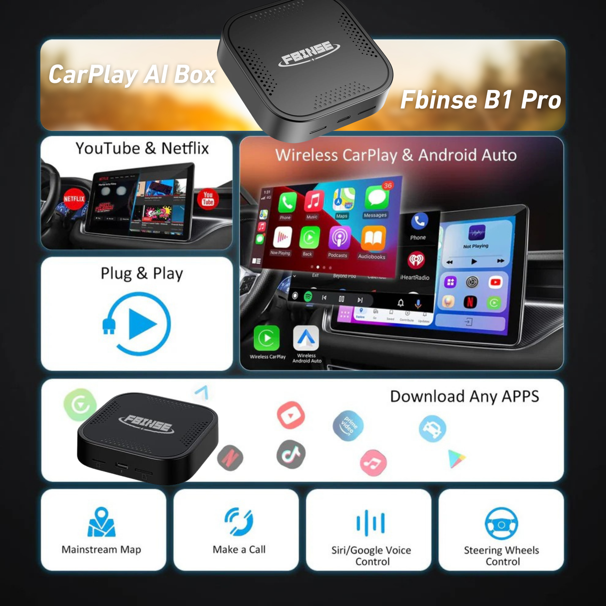 FBINSE B1 Android 13 CarPlay AI Box For Car with Wired CarPlay/Android Auto