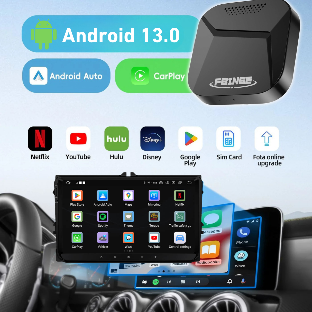 FBINSE B2 CarPlay AI Box For Car with Wired CarPlay/Android Auto