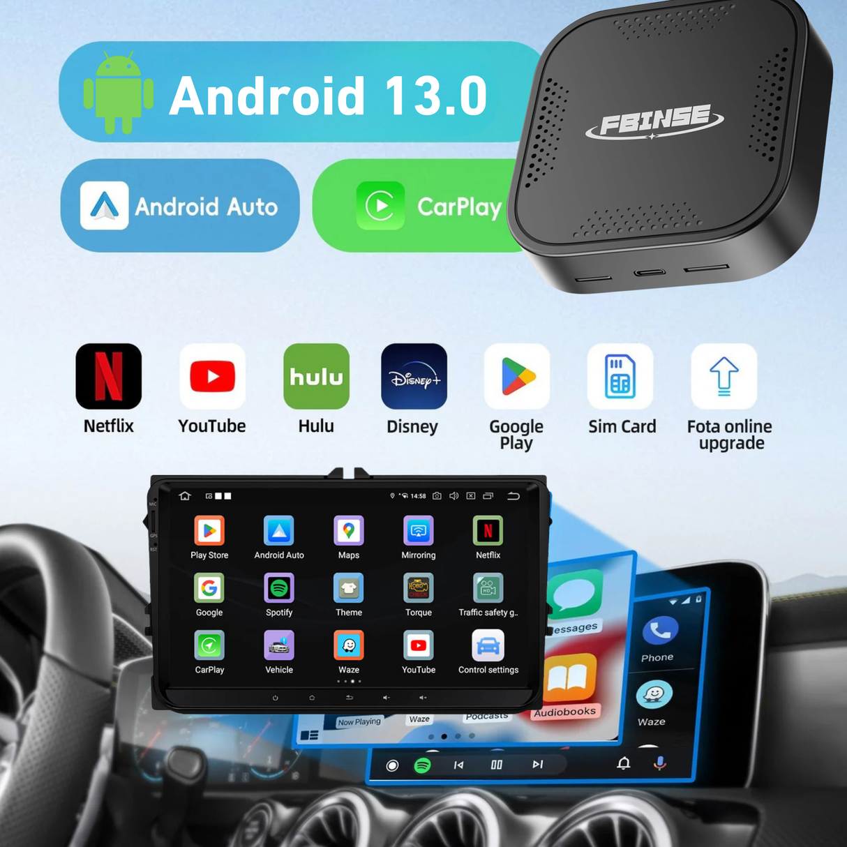 FBINSE B1 Android 13 CarPlay AI Box For Car with Wired CarPlay/Android Auto