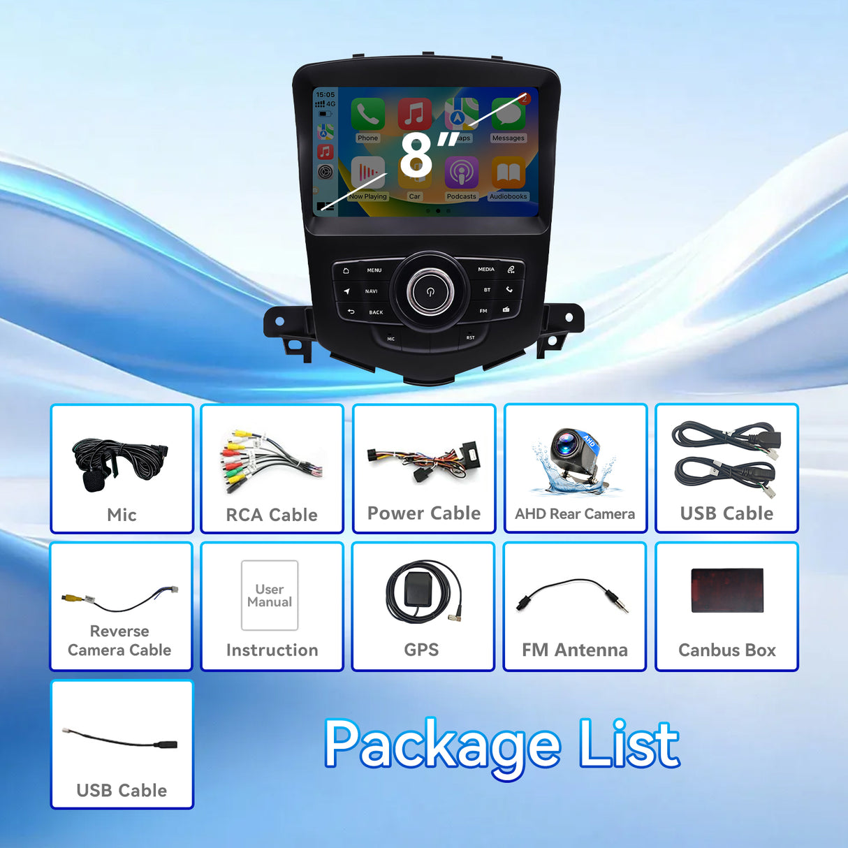 Android 14 Car Radio Stereo Compatible with Chevrolet Cruze 2009-2015, 8" OEM Style Touch Screen Wireless CarPlay & Android Auto GPS Navigation FM Radio Upgrade Bluetooth HD Backup Camera 2GB+64GB