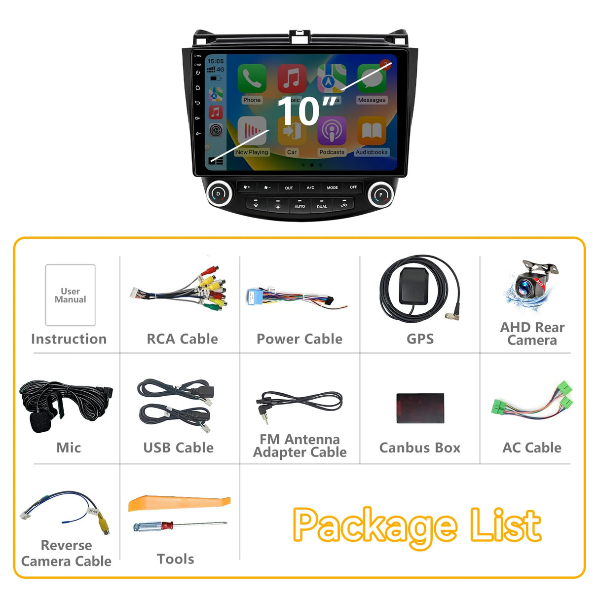 Car Stereo for Honda Accord 7th 2003-2007 Radio Wireless Carplay Android Auto, 10.1inch IPS Touch Screen, DSP, 5G WiFi, GPS, 5.0 Bluetooth, RDS/FM Radio, 32EQ, AHD Backup Camera