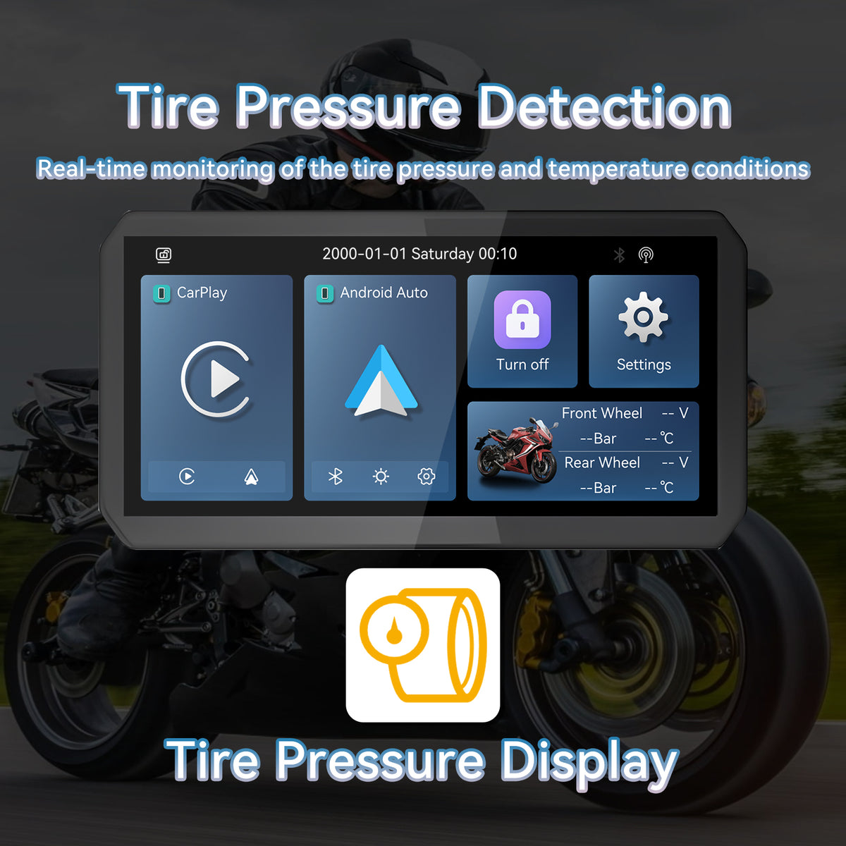Motorcycle CarPlay/Android Auto Screen Supports TPMS BSD Check tyre pressure