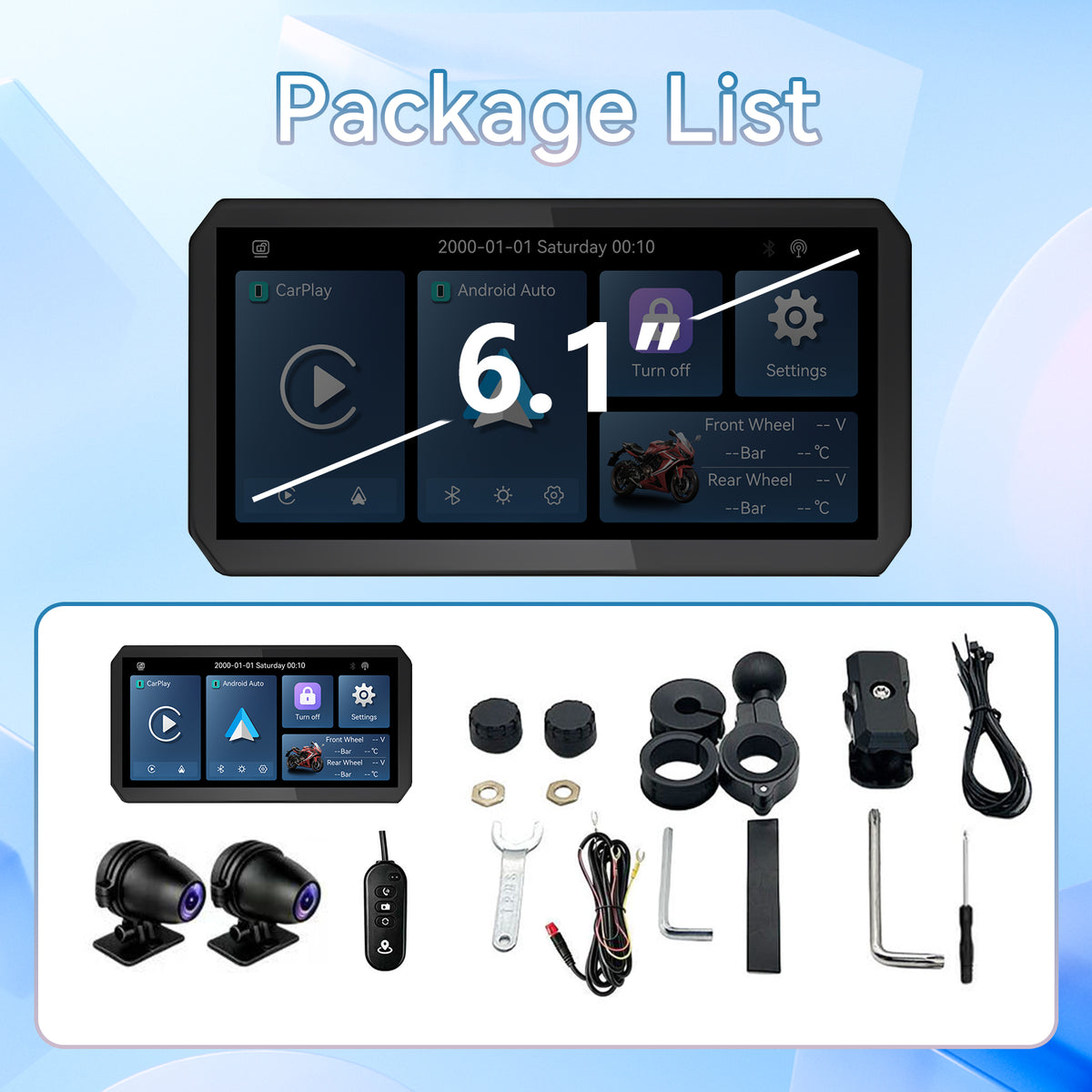 Motorcycle CarPlay/Android Auto Screen Supports TPMS BSD Check tyre pressure