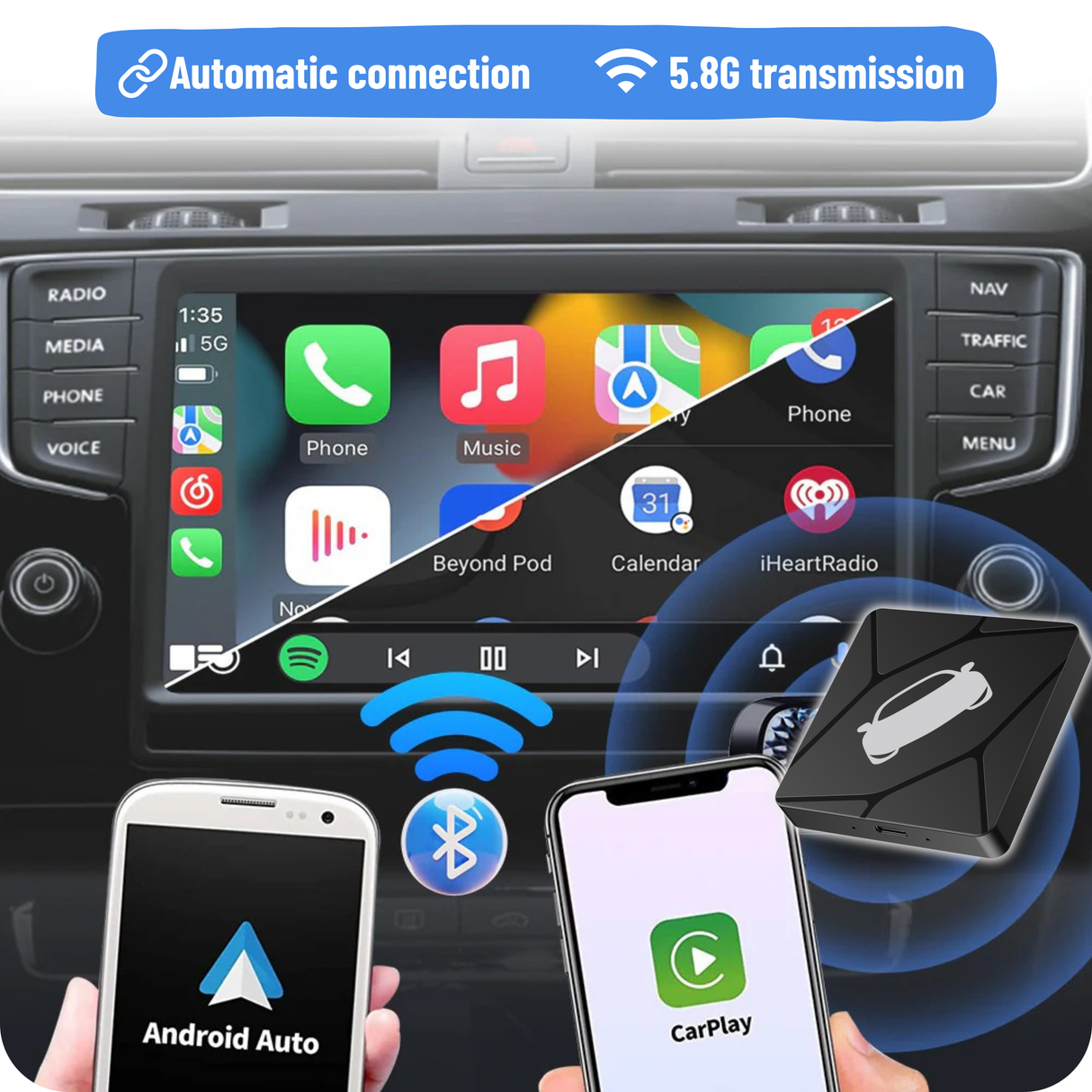 Wireless CarPlay/Android Auto Adapter for Vehicle with OEM Wired CarPlay/Android Auto