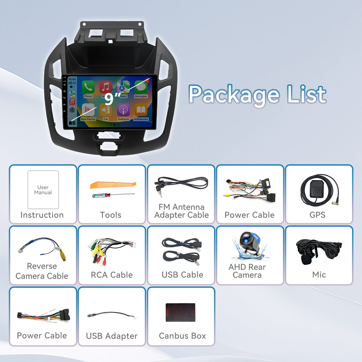 Car Radio Compatible with Ford Transit Connect 2014-2018, Wireless CarPlay Android Auto, 9 Inch Car Head Unit with GPS WiFi Bluetooth SWC Backup Camera (2G+64G)