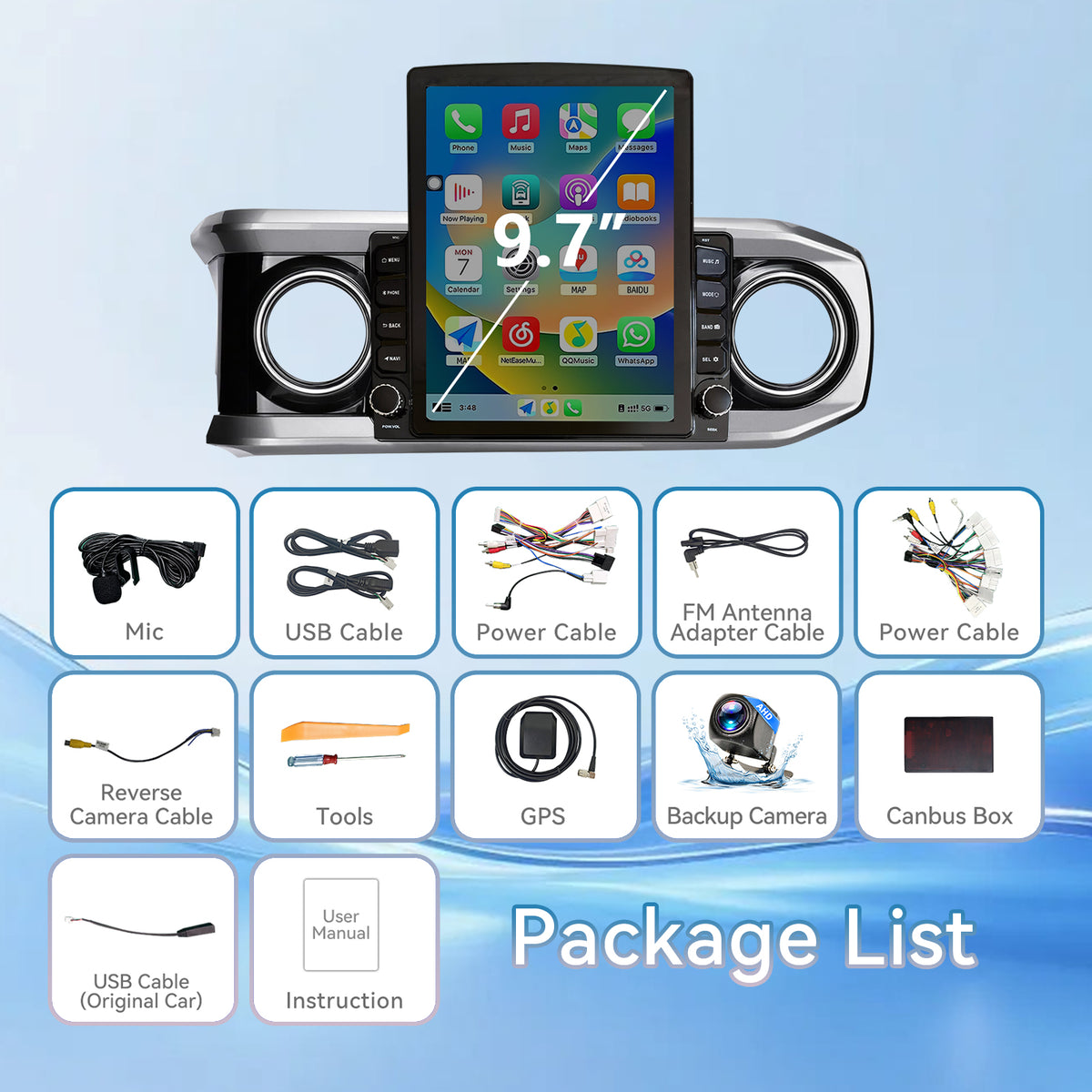 Car Radio for Toyota Tacoma 2016 2017 2018 2019 2020 2021 2022 2023 9.7 Inch Touchscreen Tacoma Stereo Head Unit, Wireless Carplay Android Auto, GPS Navigation, BT FM SWC 5GWiFi, Backup Camera
