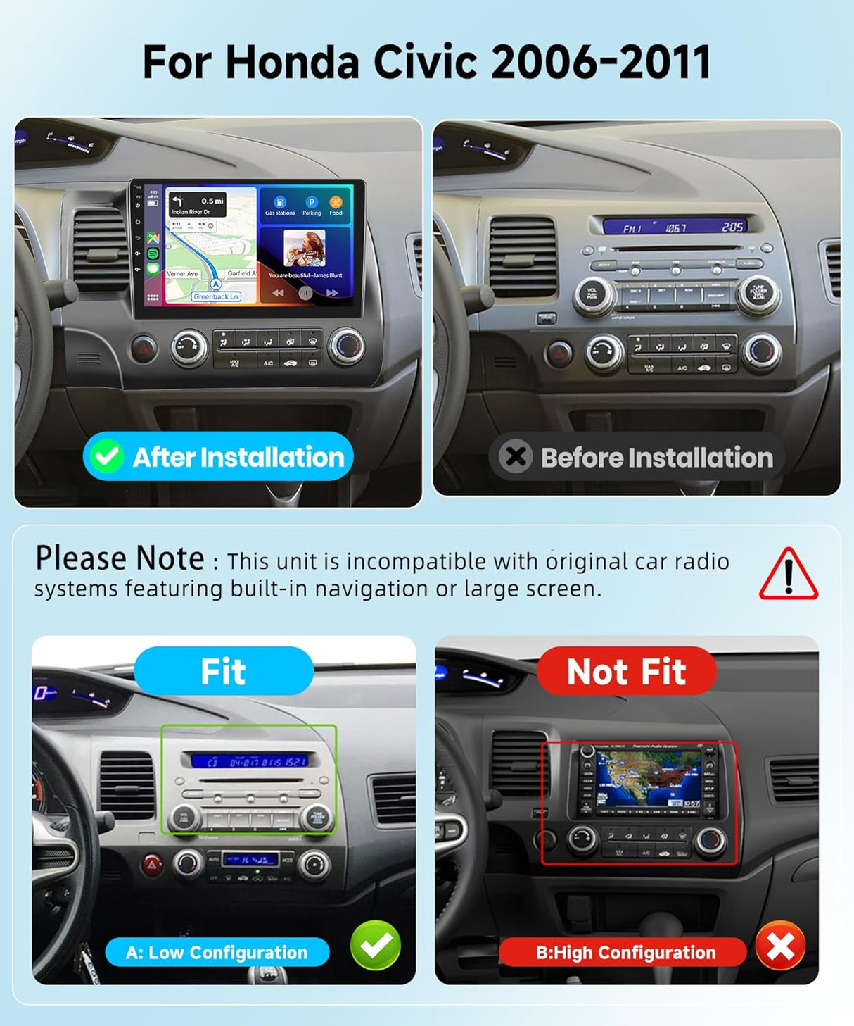 Car Stereo Radio for Honda Civic 2004-2011 with Wireless CarPlay Android Auto