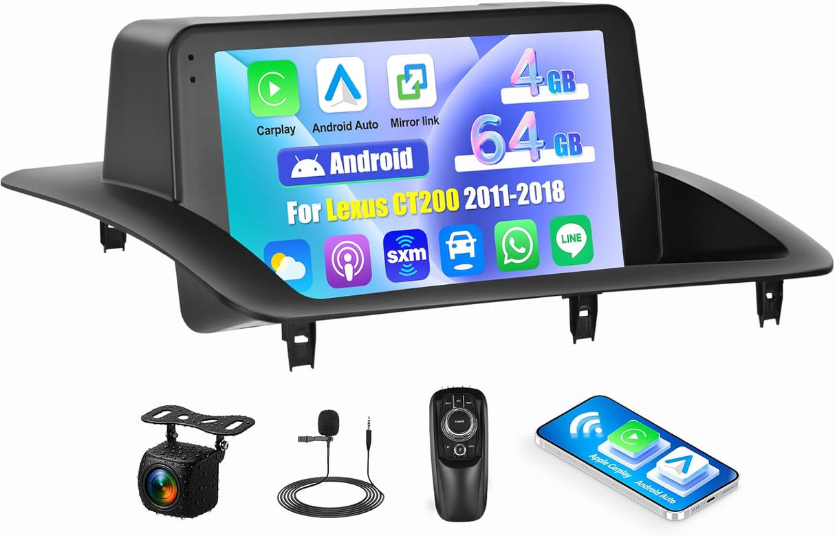 [4G+64G] for Lexus CT200 2011-2018 Android 15 Car Radio with Carplay Android Auto 9 Inch Touch Screen Bluetooth FM RDS/WiFi/GPS Navigation/SWC+AHD Backup Camera