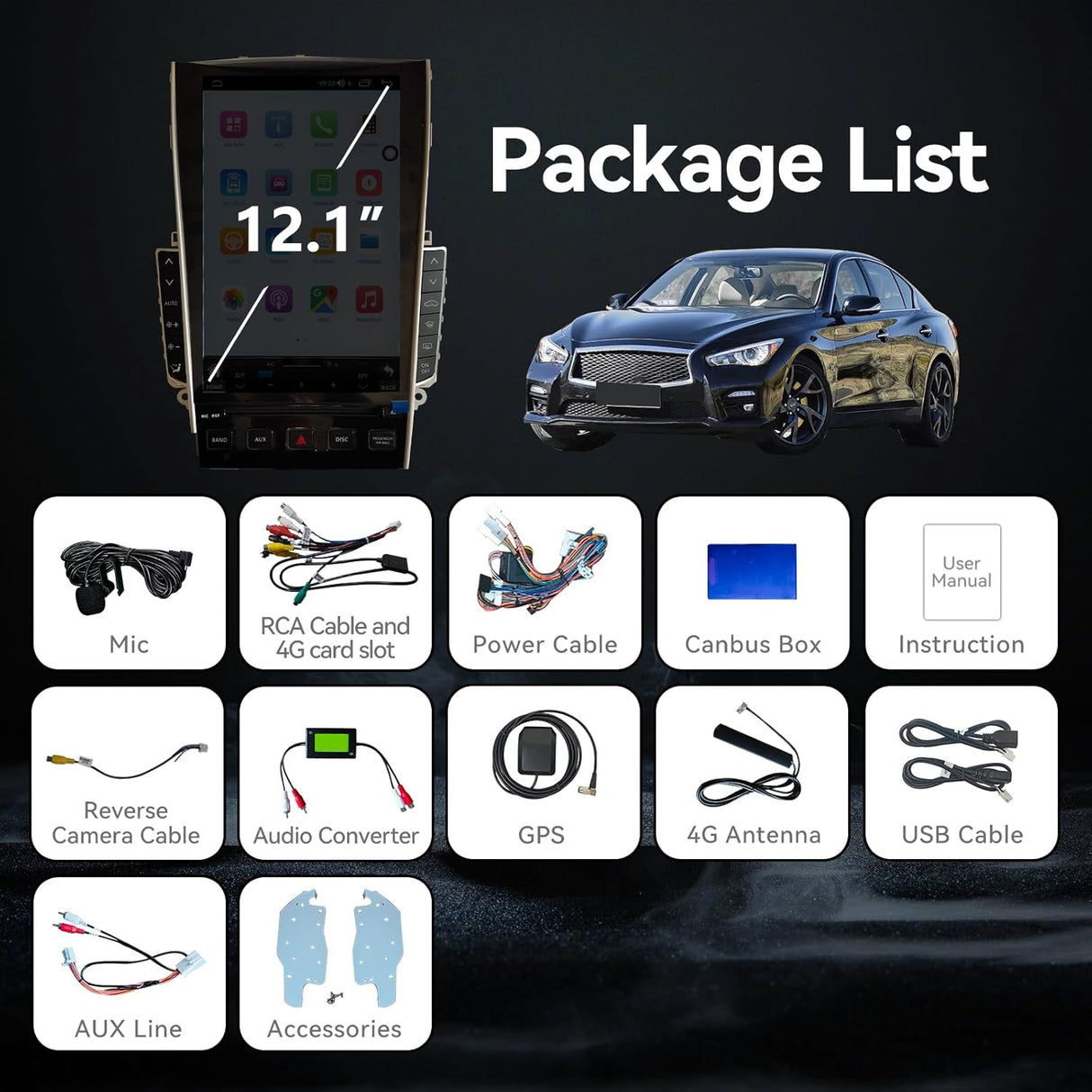 8core 8+128G Car Stereo Radio Compatible with Infiniti Q50 2015 2016 2017 2018 2019 12.1" Touch Screen Wireless CarPlay & Android Auto DSP 4G LTE 5G WiFi BT GPS Navigation Bluetooth