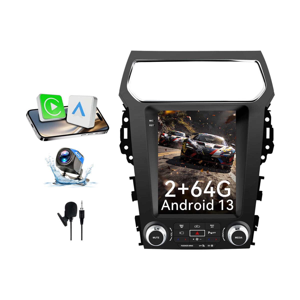 Car Radio for Ford Explorer 2011-2019, 2+64GB Touch Screen Stereo Upgrade with CarPlay/Android Auto,Fm/Am, GPS,Backup Camera