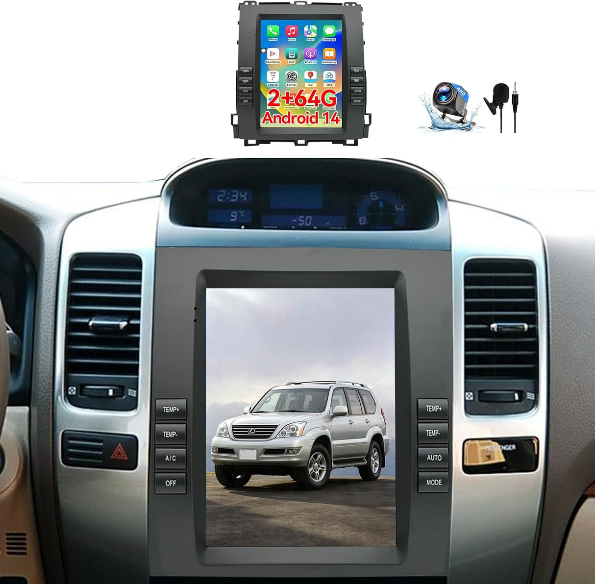 Car Stereo for Lexus GX470 2002-2005 Toyota Prado 2002-2009 Wireless CarPlay Android Auto Android 14  Auto AHD Backup Camera Upgrade 9.7" Touch screen GPS WIFI SWC FM Bluetooth 2+64G