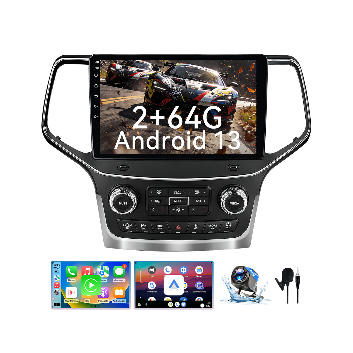 Car Radio for Jeep Grand Cherokee 2014-2021 Wireless CarPlay & Android Auto, 2GB+64GB, Bluetooth, AM/FM, SWC, Backup Camera & Touchscreen