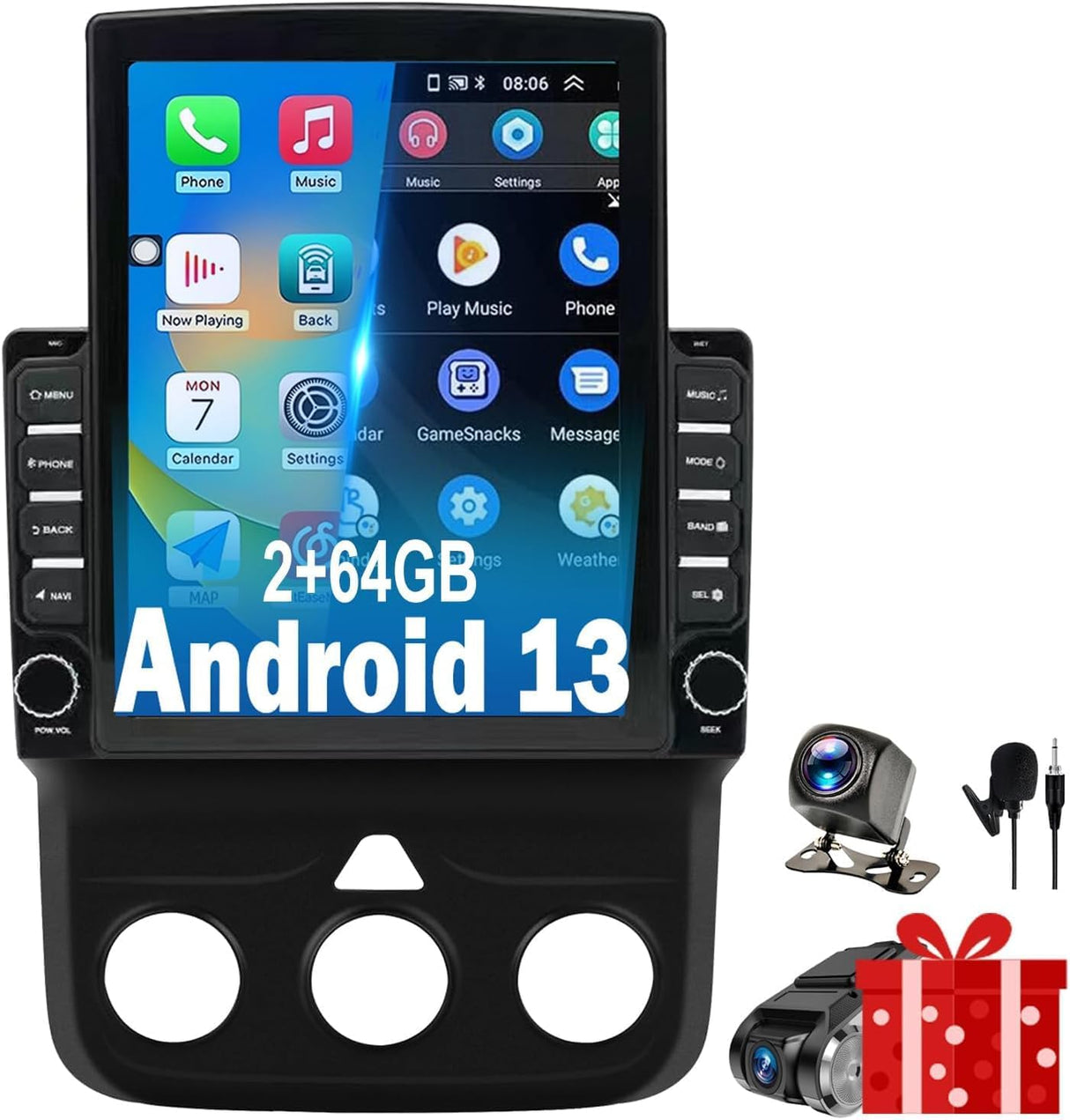 Android 13 Car Stereo for Dodge Ram 1500 2500 3500 2013-2018 (Manual AC), Supports Wireless CarPlay & Android Auto, BT/WiFi/GPS/FM/SWC/1080P Backup Camera