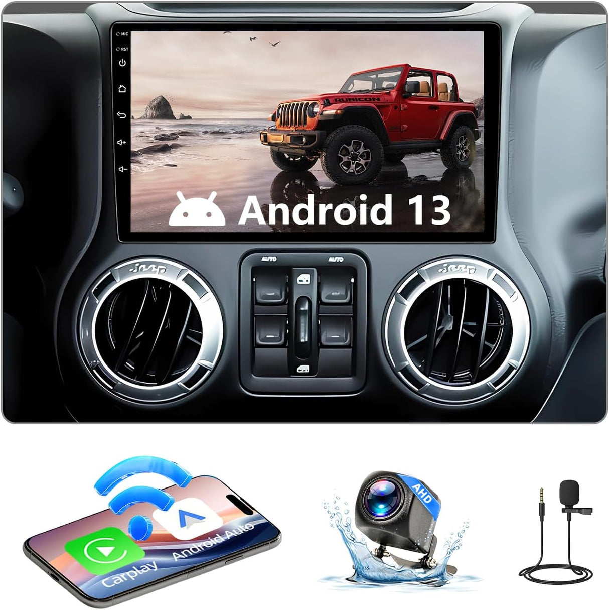 Android 13 Car Stereo for Jeep Wrangler (2007-2018), JK, Compass, Grand Cherokee Supports Wireless CarPlay/Android Auto