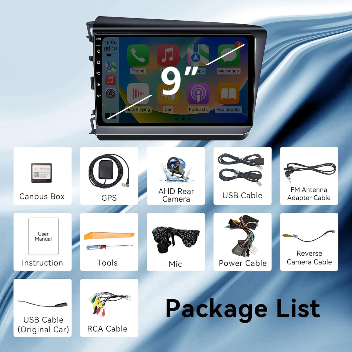 Android 13 Car Radio Compatible with Honda Civic 2012 2013 2014 2015, 9 Inch Car Radio Head Unit Touch Screen, Wireless CarPlay, Android Auto, WiFi, Backup Camera ﻿﻿