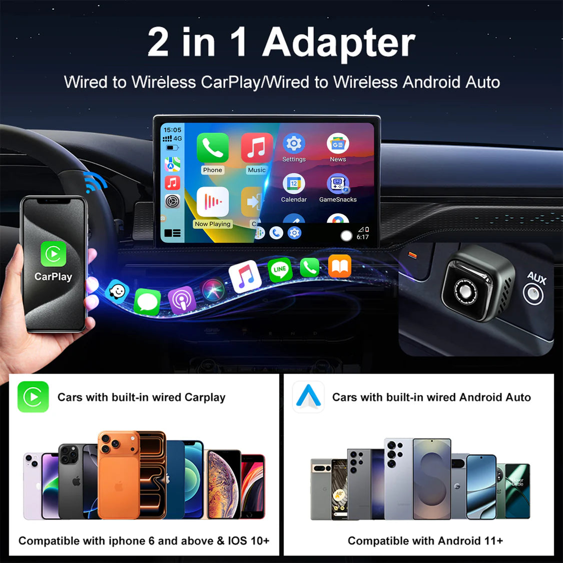 Teeran 2 in 1 Wireless CarPlay and Android Auto Adapter, Easy Setup Plug and Play, Fast Seamless Use Supports lots of Cars with Built-in Wired Car Play/Android Auto Compact Sleek Design Car Adapter