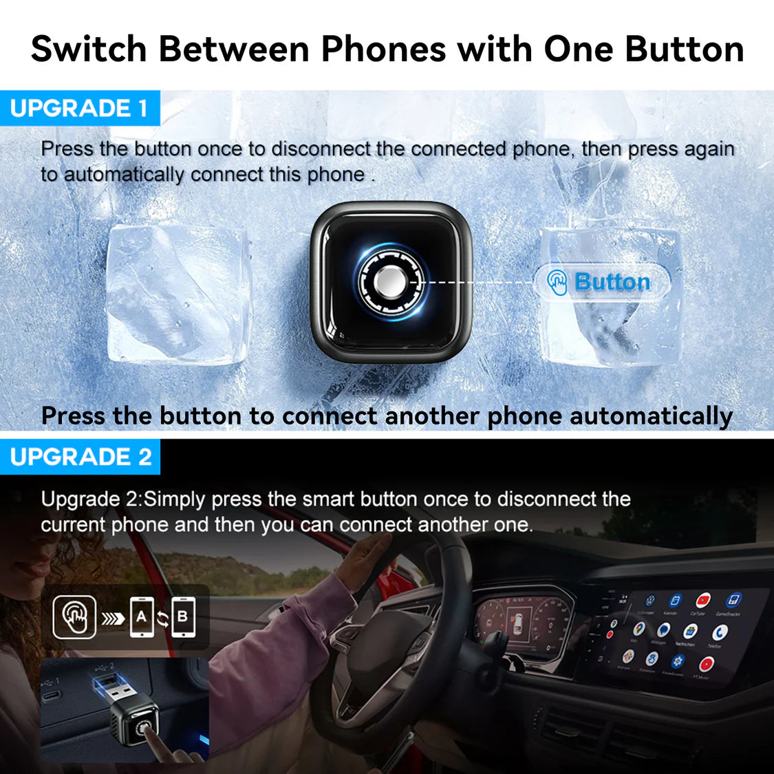 Teeran 2 in 1 Wireless CarPlay and Android Auto Adapter, Easy Setup Plug and Play, Fast Seamless Use Supports lots of Cars with Built-in Wired Car Play/Android Auto Compact Sleek Design Car Adapter